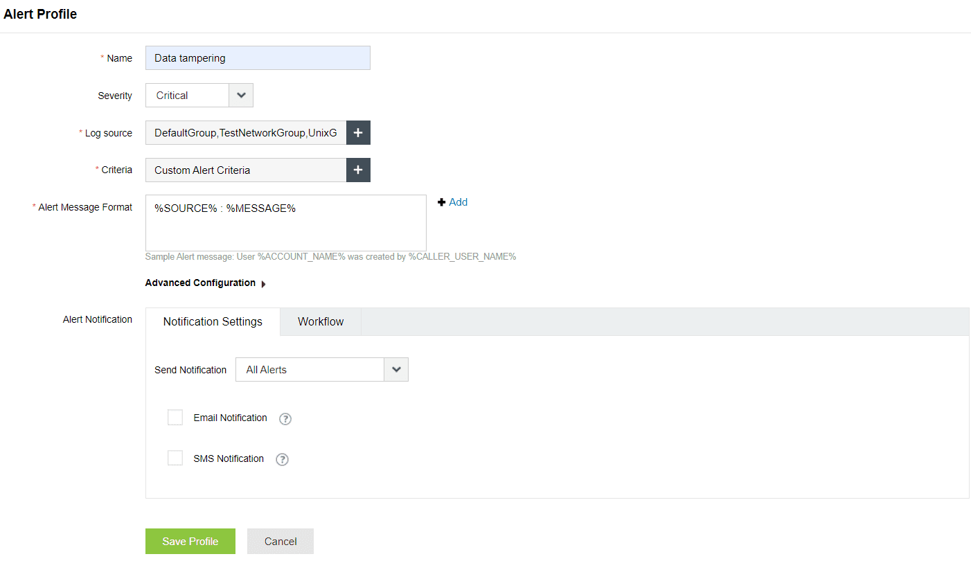 Correlation alert profile for data tampering in Log360