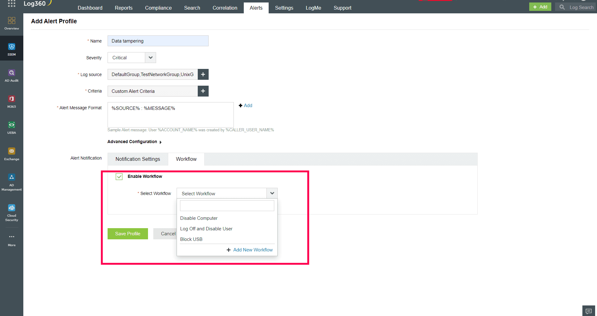 Incident response workflows for data tampering in Log360