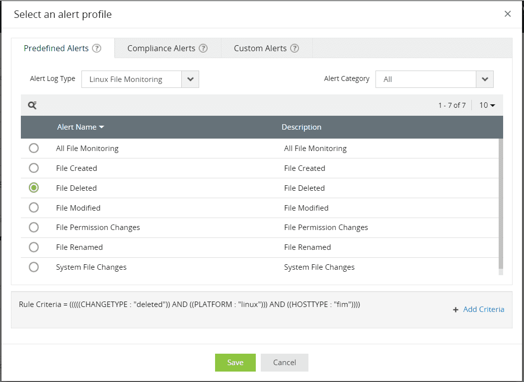 Predefined alerts tab in ManageEngine Log360