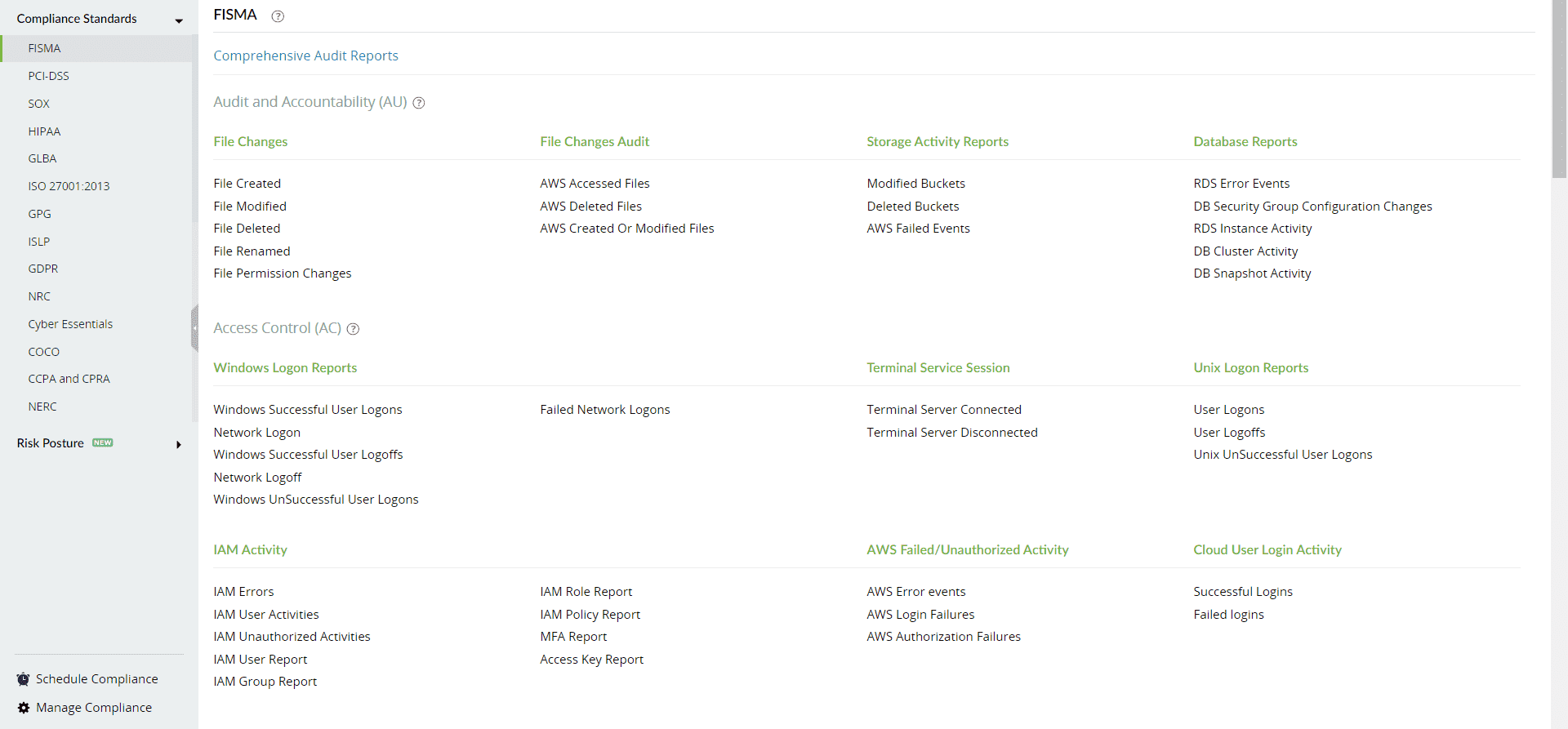 Compliance tab in ManageEngine Log360