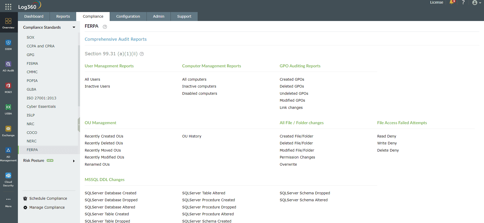 A screenshot of a Log360 report on FERPA compliance