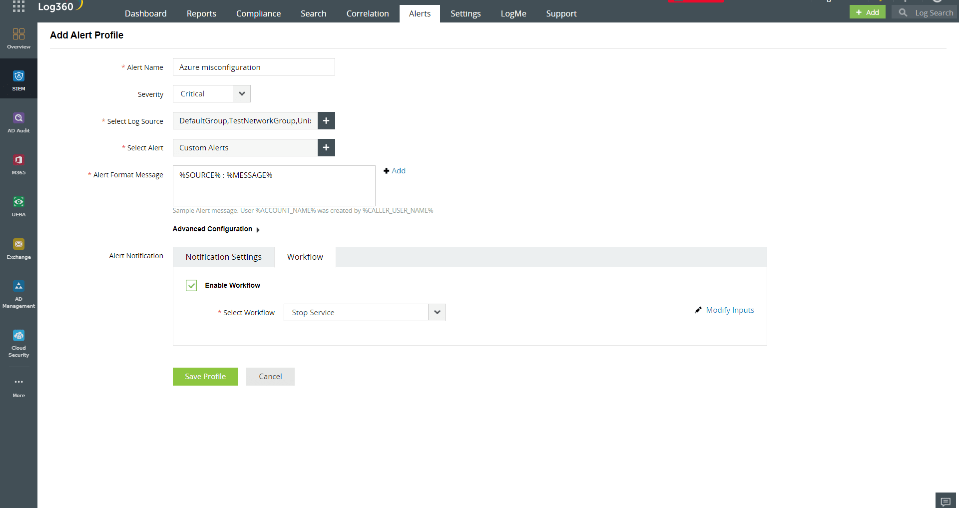 Custom alert profile for Azure misconfiguration in Log360