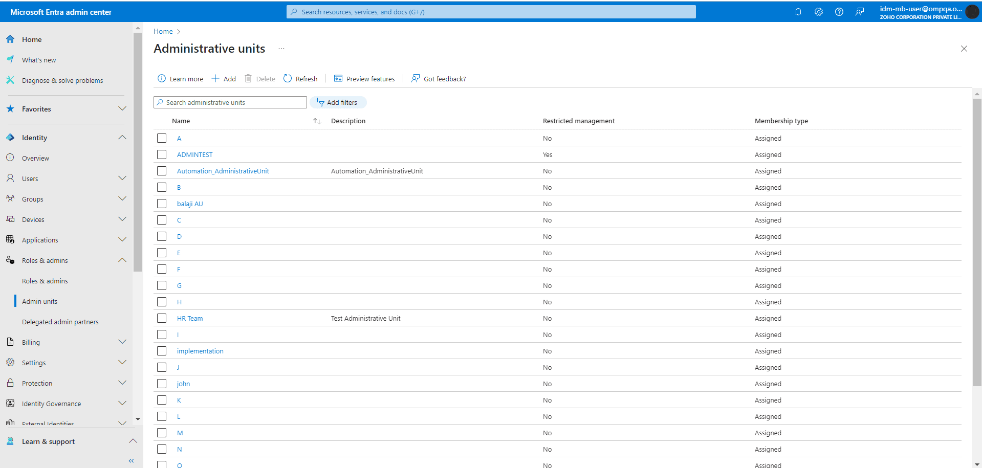 The Administrative units page which displays AUs created and the option to create a new one.