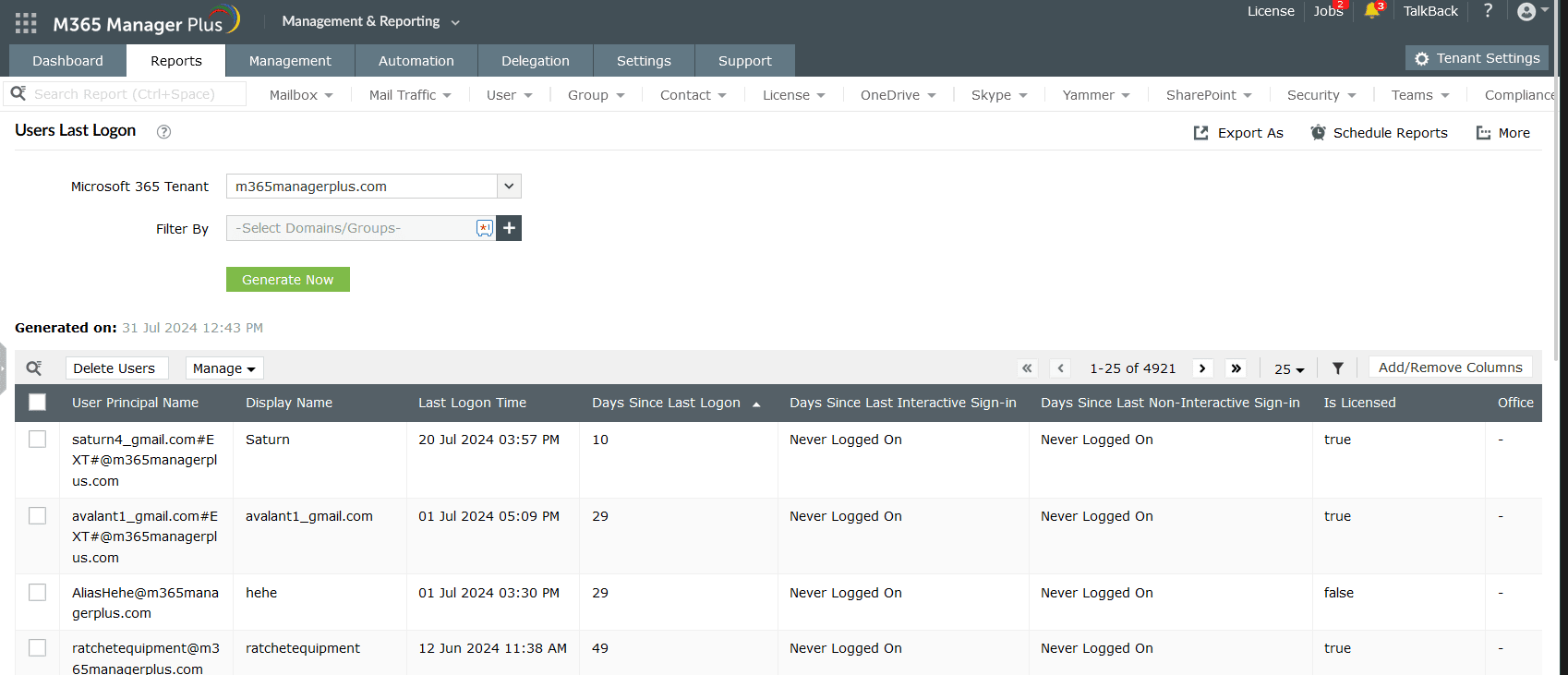 The Users Last Logon report in M365 Manager Plus displaying the users' user principal name, display name, last logon time, and the number of days since the last logon activity.