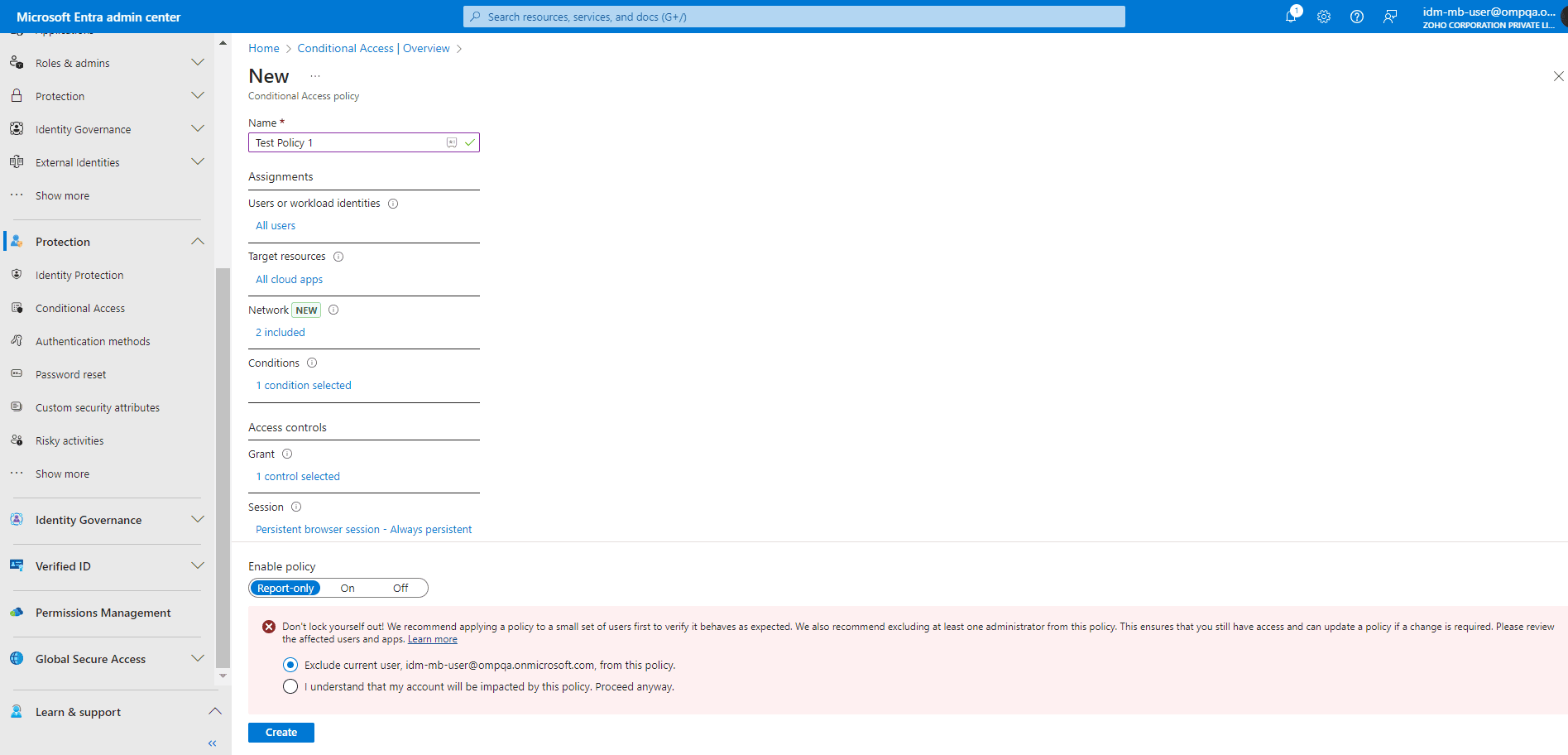 The New Policy page with the assignments and access controls configured for the policy in Report-only mode.