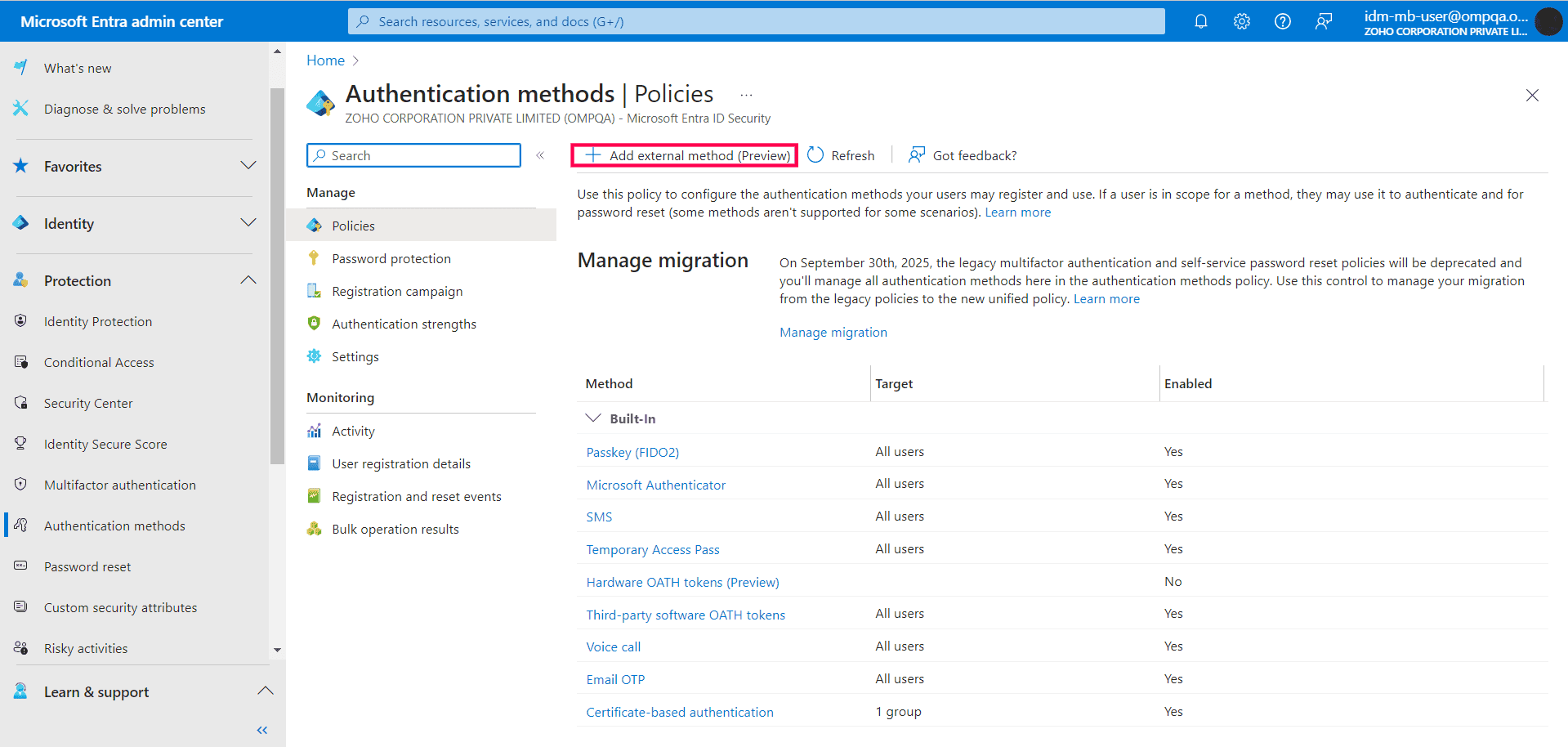 The Authentication methods page with the option to add external authentication methods and all authentication methods used in the tenant displayed.