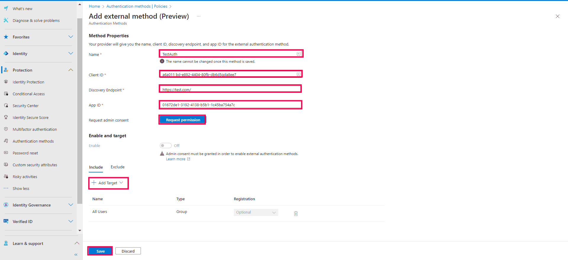 The Add external method page with the details of the external authenticator configured.