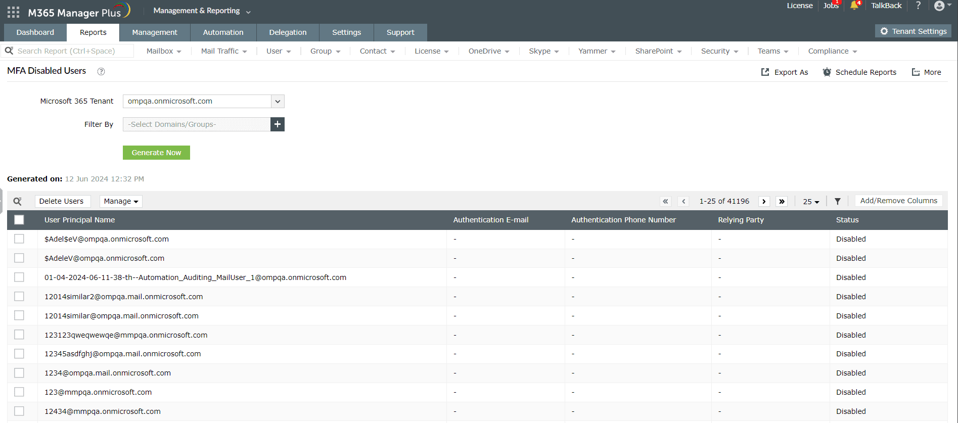 The Multi Factor Authentication Status report with the MFA status of users and the  methods used by them in a tenant.