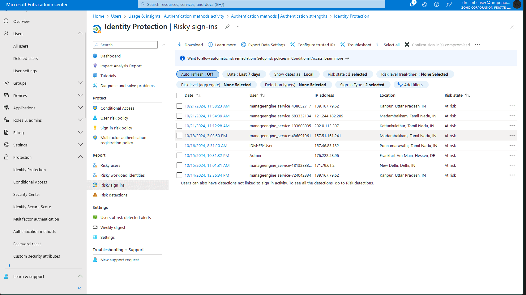 The Microsoft Entra admin center interface displaying risky sign-ins under Identity Protection, showing user sign-in details, IP addresses, locations, and risk states for various sign-in attempts