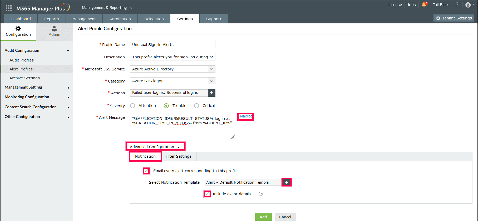 The Alert Profile Configuration page showing the settings to audit unusual sign-ins in Microsoft Entra ID