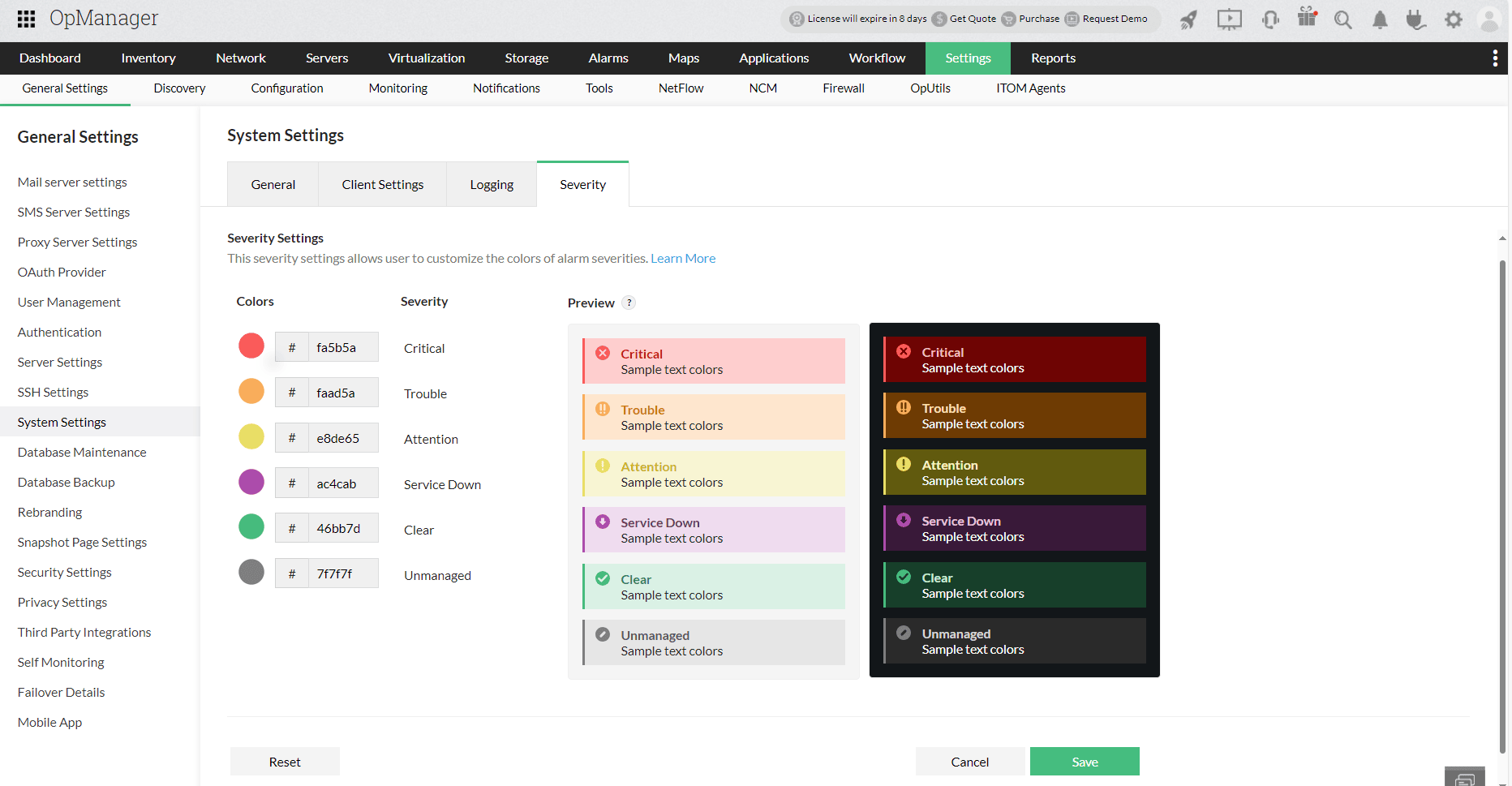 Severity Color Settings in OpManager - System Settings