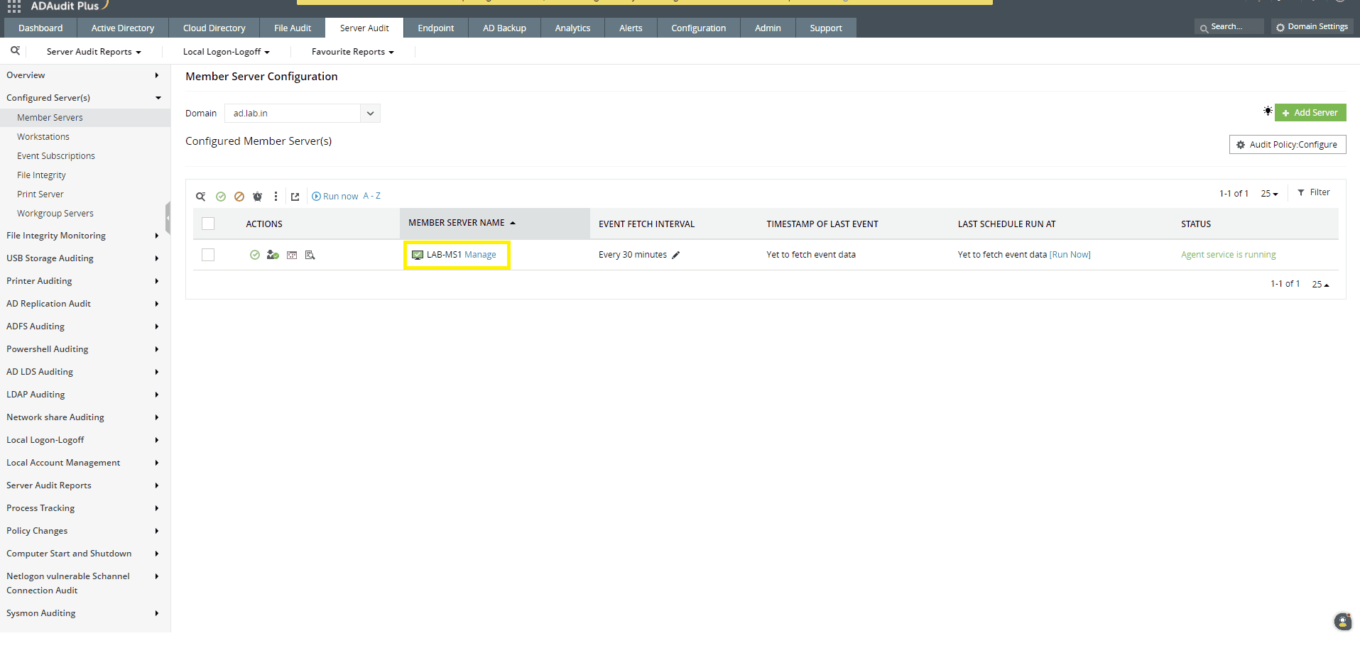 Manage Agent page