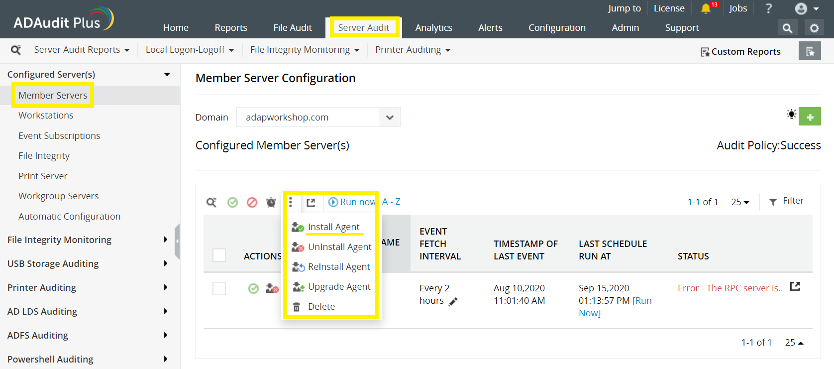 Installing the client-side agent from ADAudit Plus' UI