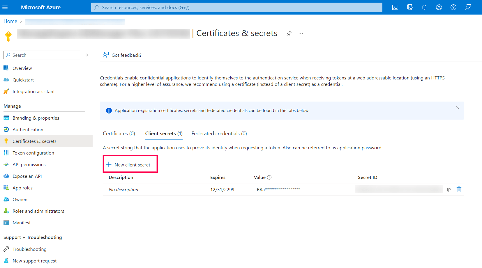 Client Secret missing in Azure Active Directory