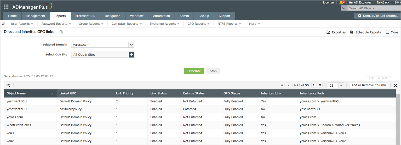 Screenshot of Direct and Inherited GPO Links report under GPO Reports in ADManager Plus.