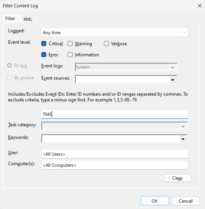 Filter current Windows logs