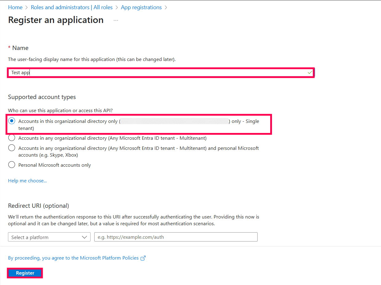 The Register an application page in the Microsoft Entra admin center with fields for application name, account type selection, and the Register button.