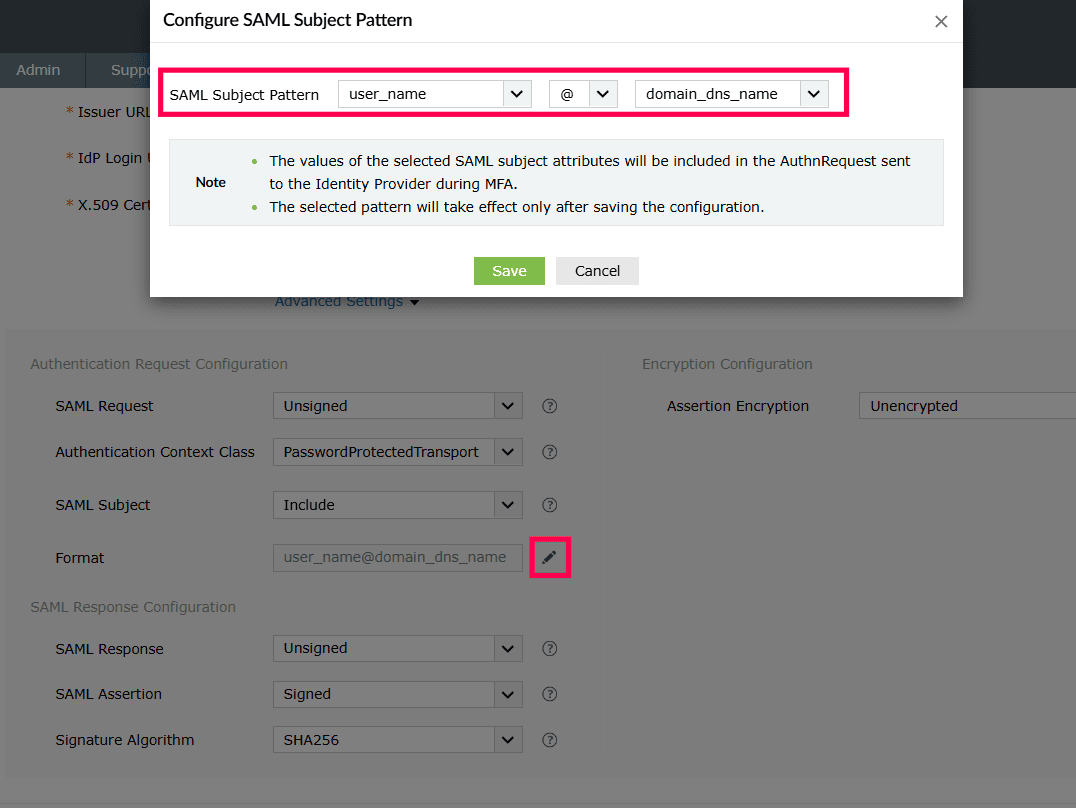 Configuring a SAML subject pattern in ADSelfService Plus