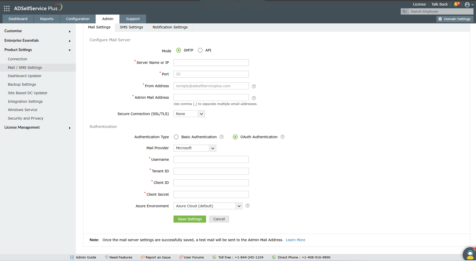 config_mail OAuth authentication mail server settings in ADSelfService Plus