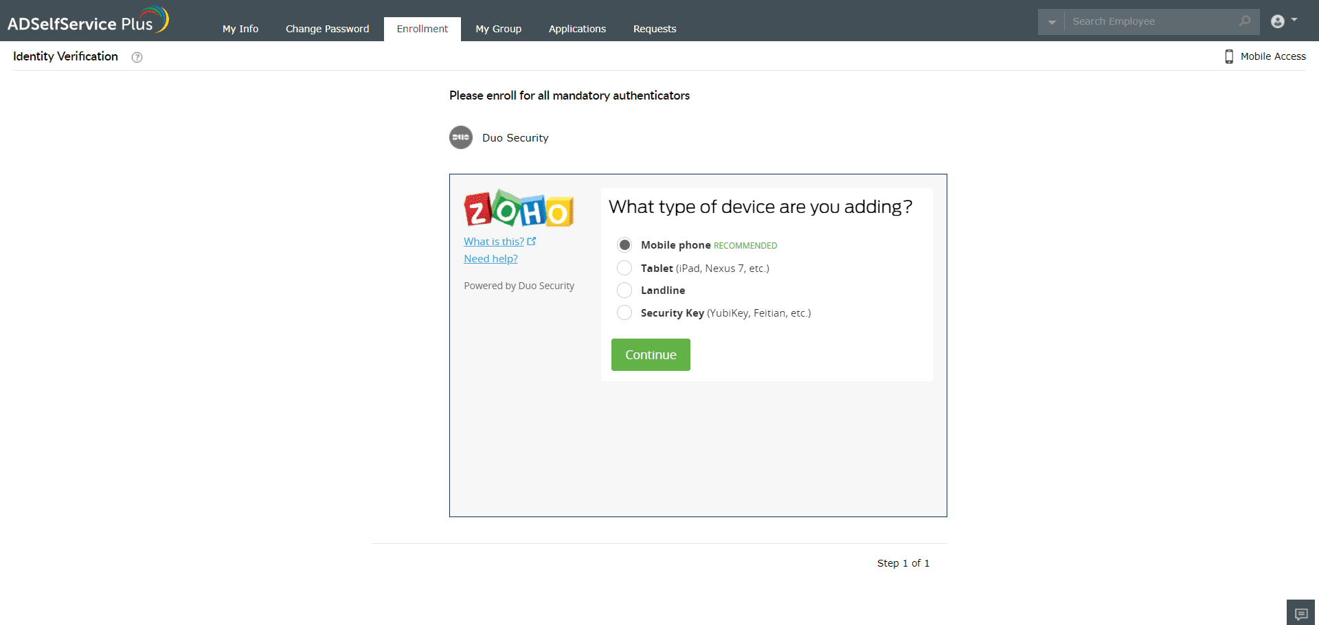 Enrolling in ADSelfService Plus' Duo Security