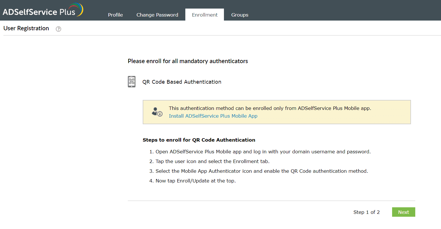 Enrolling in ADSelfService Plus' QR code-based authenticator