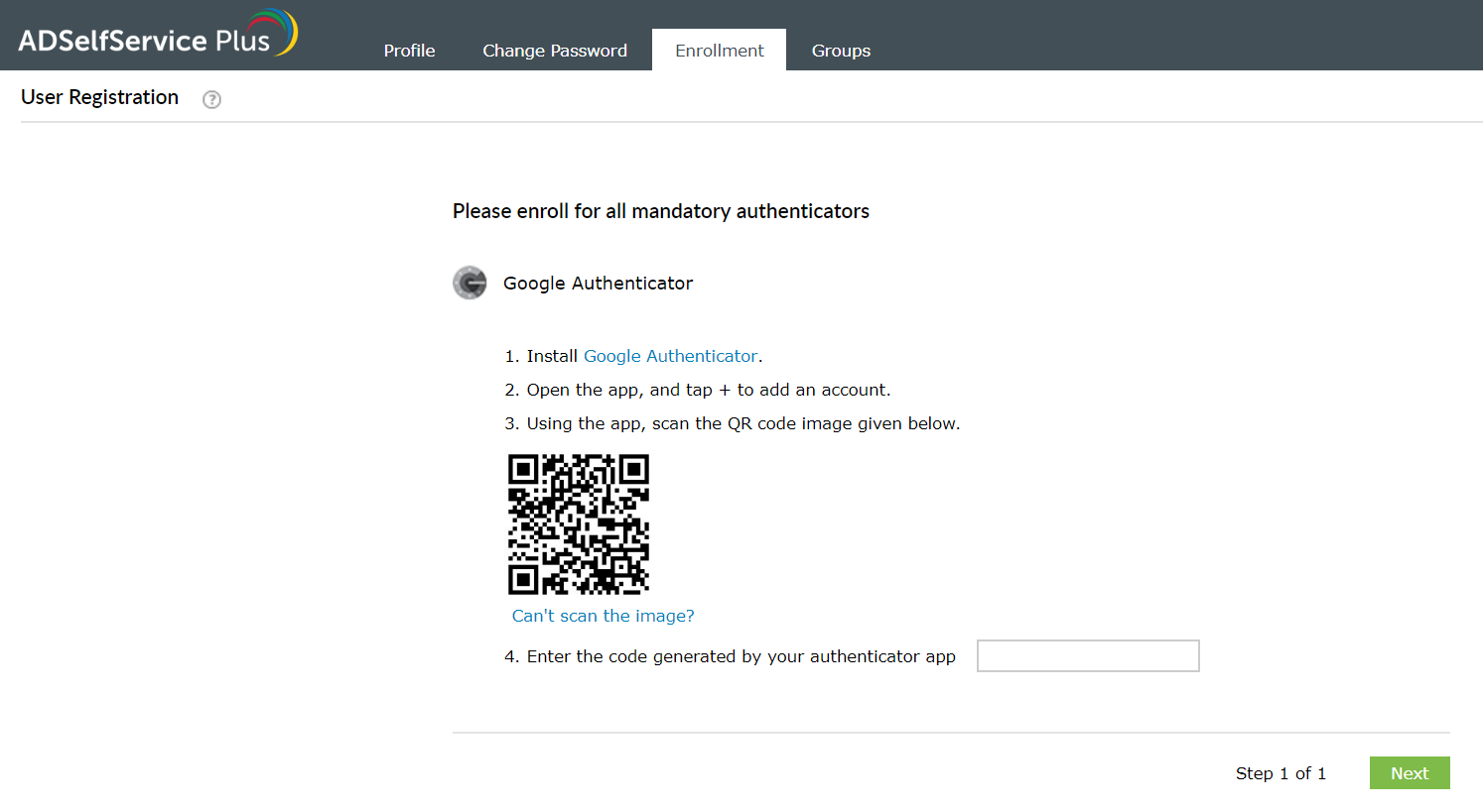 Enrollment using Google Authenticator