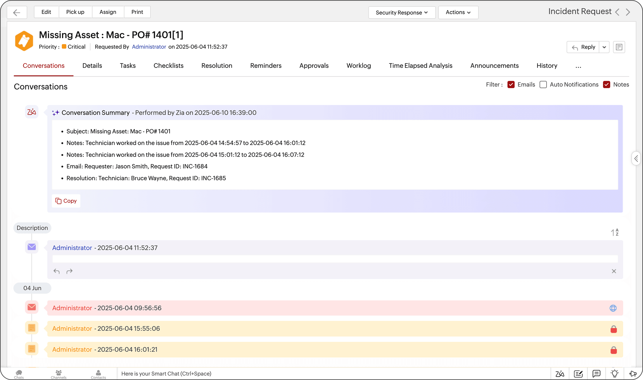 AI based ticket conversation summary Zia's ticket conversation summary