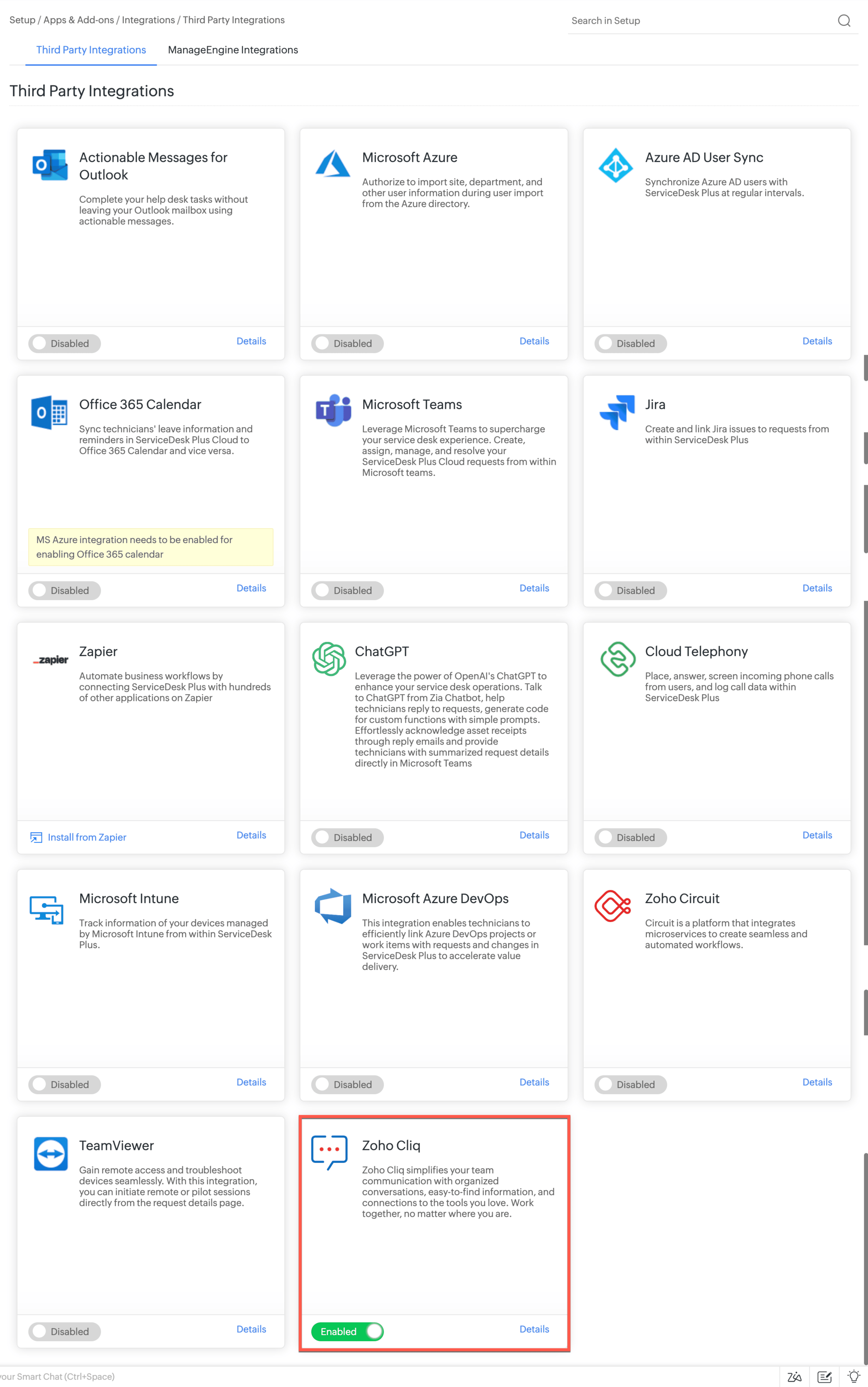 SDP Cloud - Zoho Cliq integration