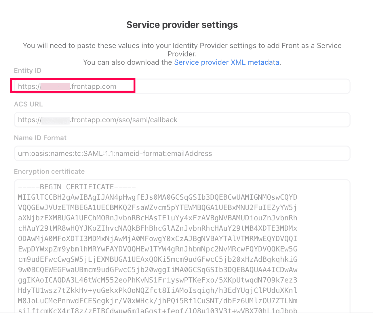 Front service provider settings