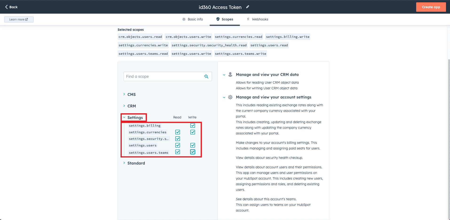 HubSpot Settings: Scopes configuration