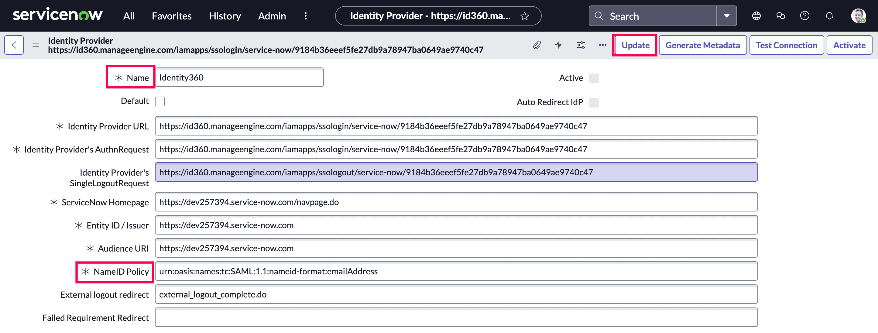 Import identity provider metadata in ServiceNow