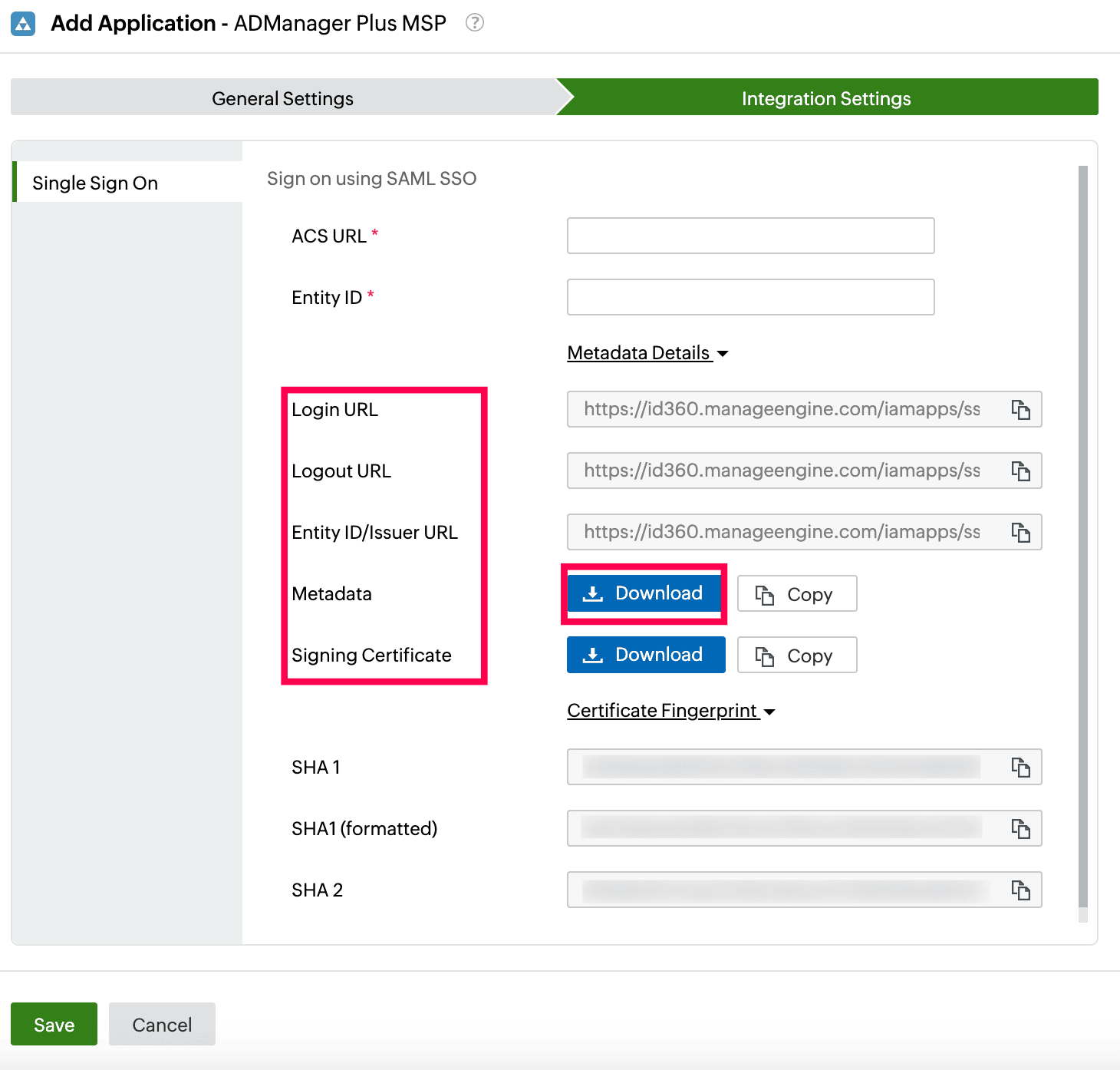 Identity360 application configuration integration settings