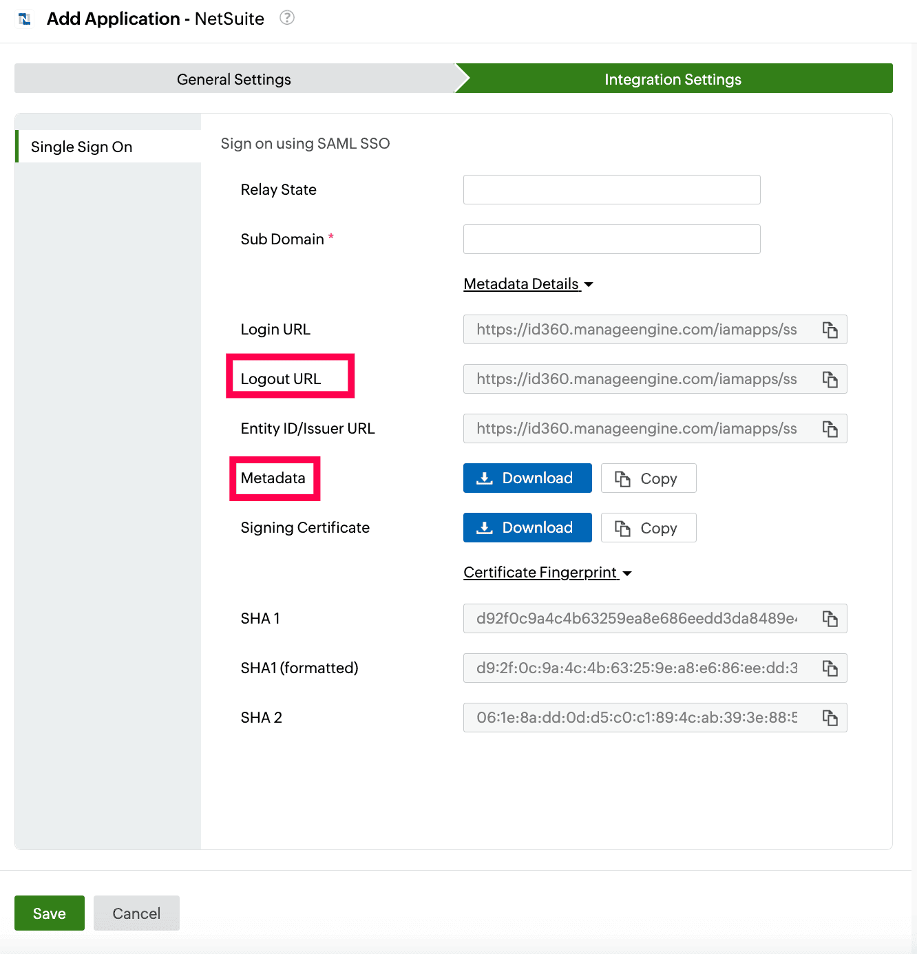 Identity360 application configuration integration settings