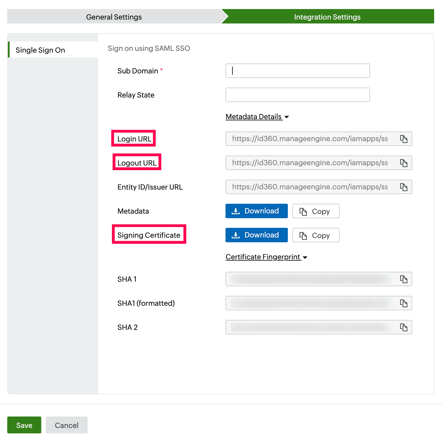  Identity360 application configuration Integration Settings