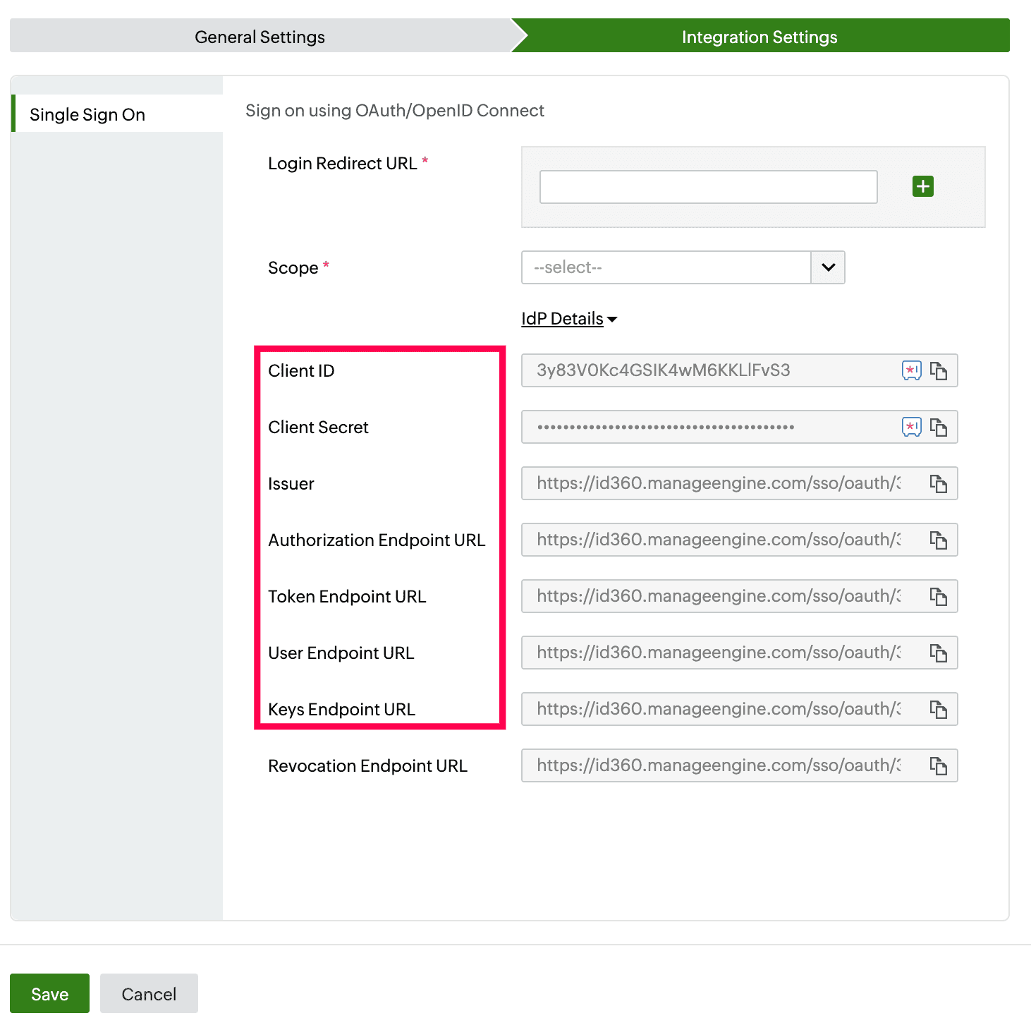  Identity360 application configuration Integration Settings