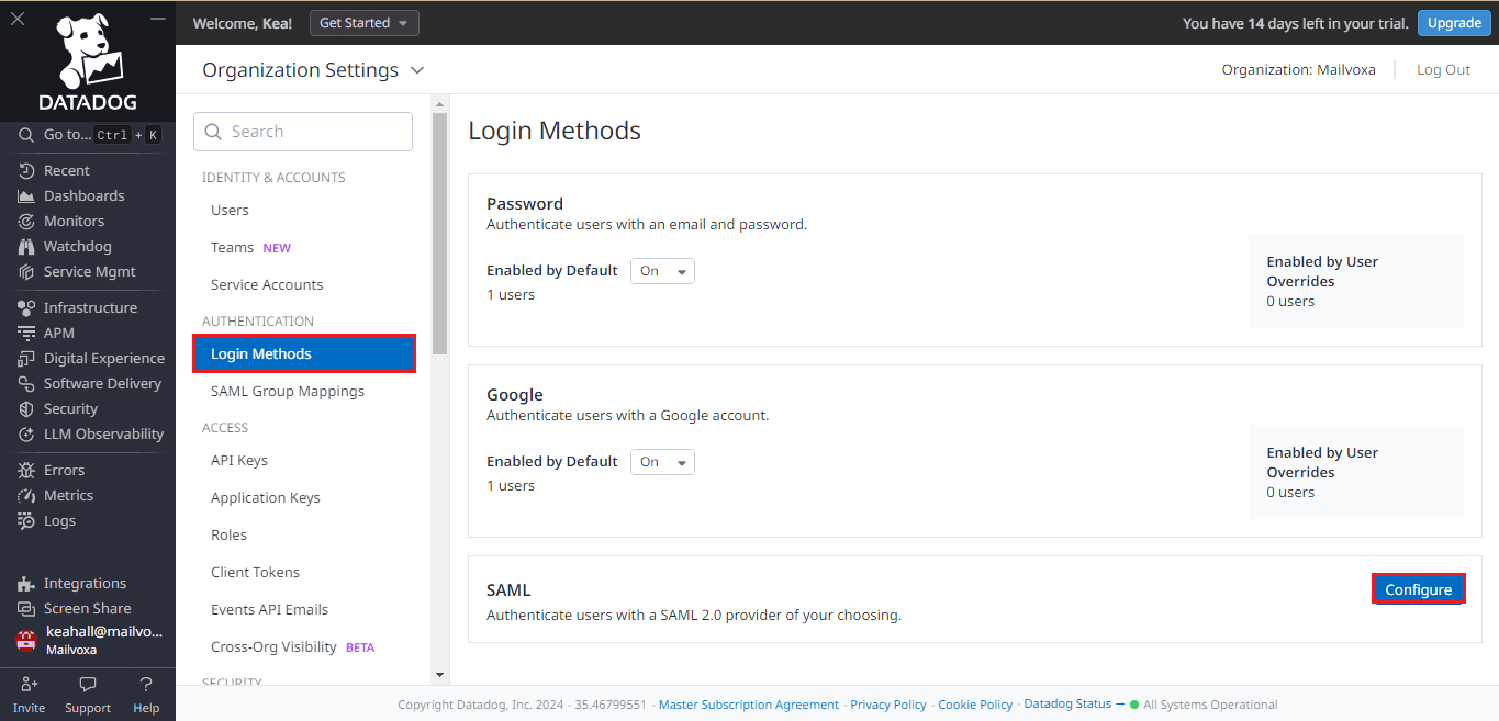 Datadog Login settings