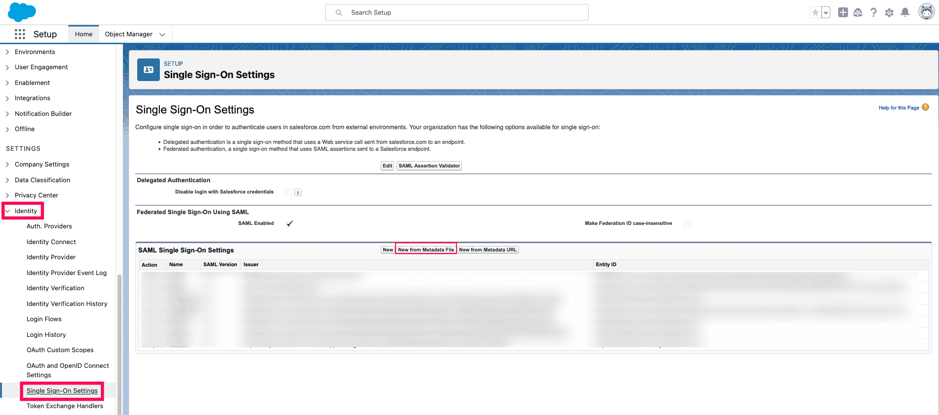 Salesforce SSO setup view