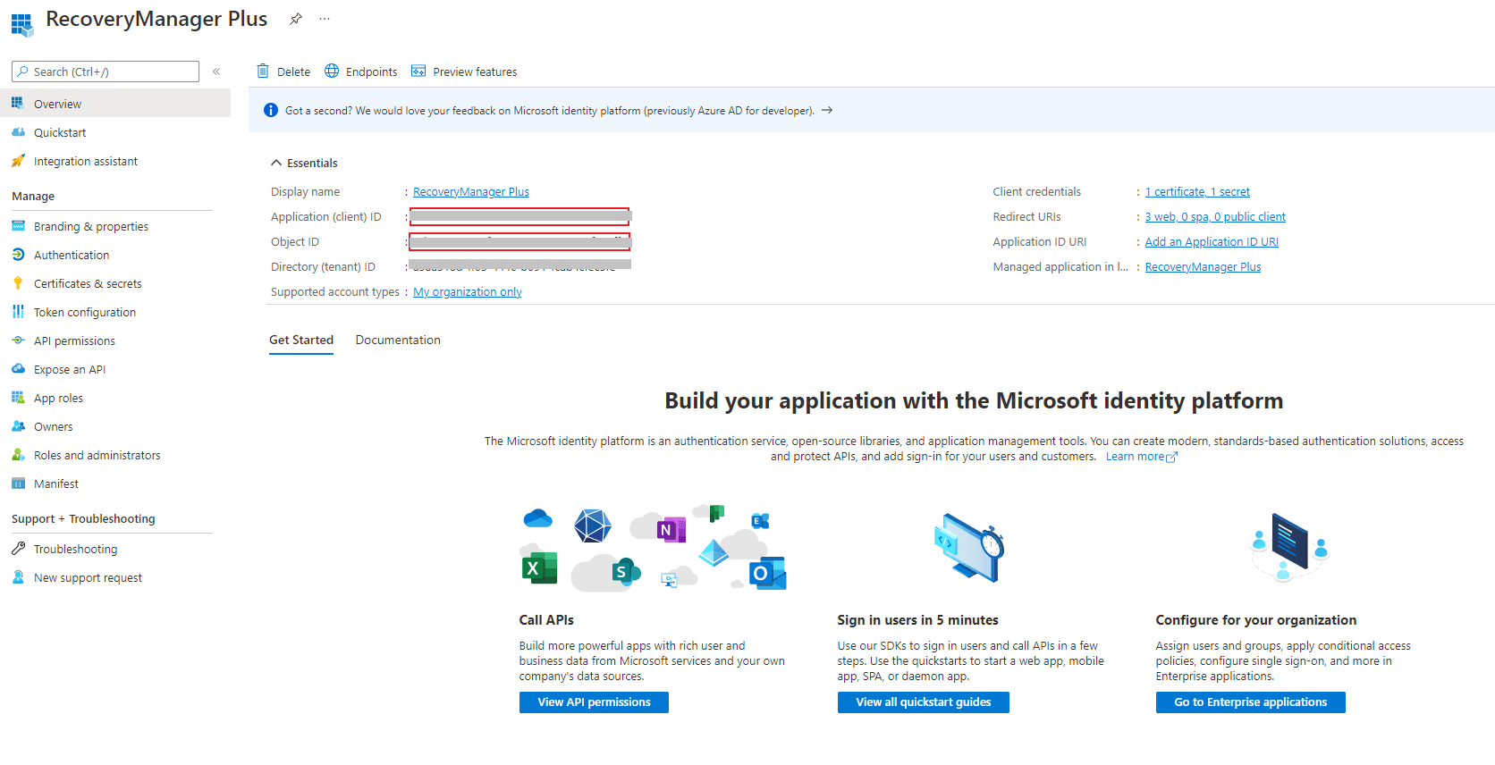 Copying the Application (client) ID and Object ID