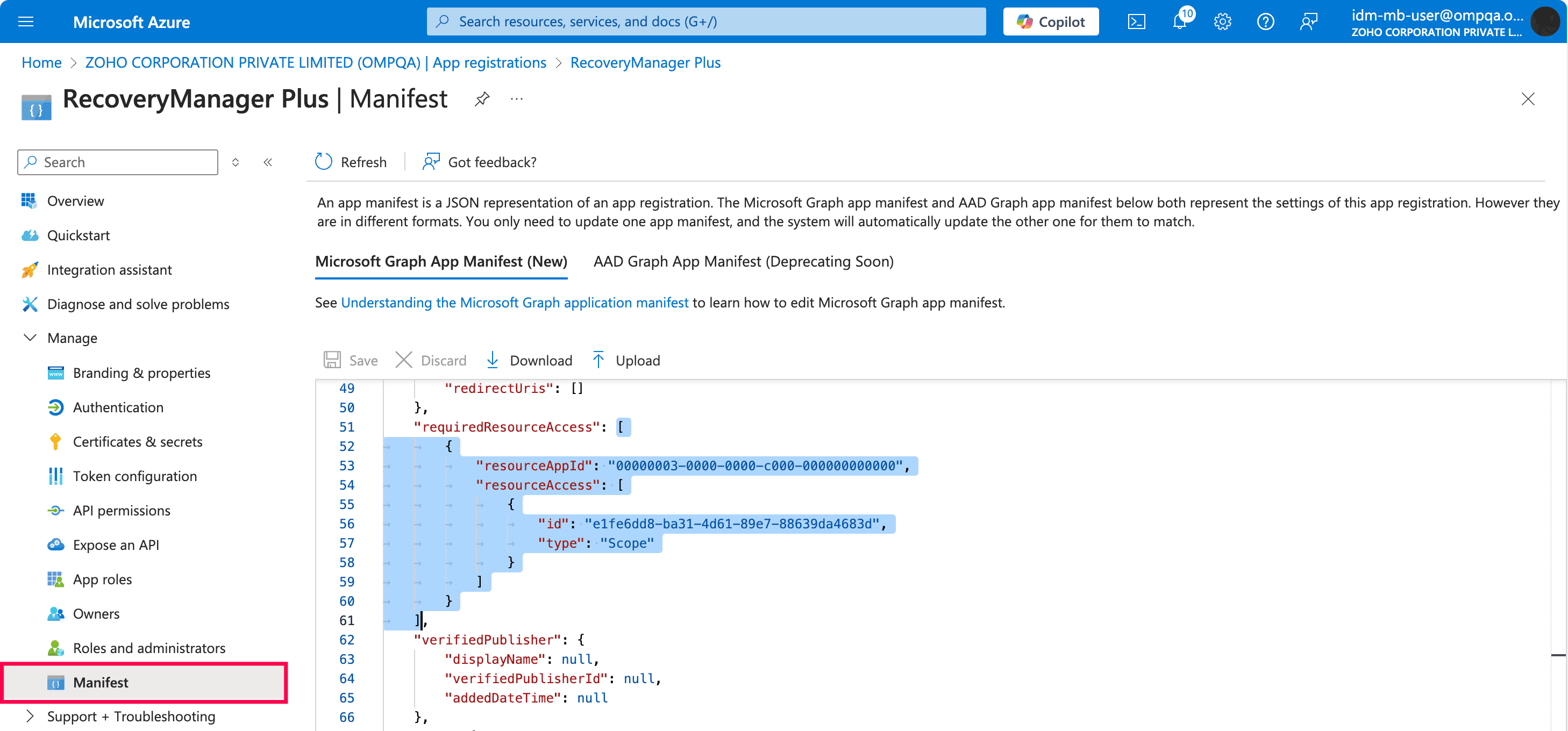 Specifying permissions in the app registration manifest file of Azure Germany or Azure China