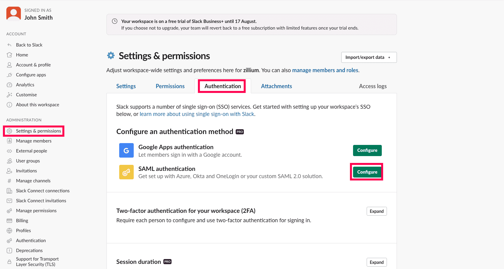 Slack SAML authentication configuration