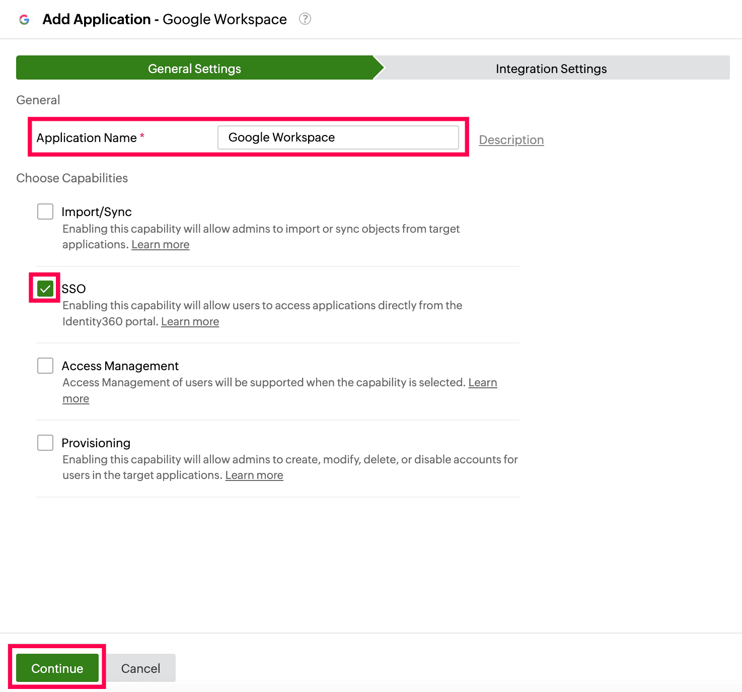 Identity360 application configuration general settings