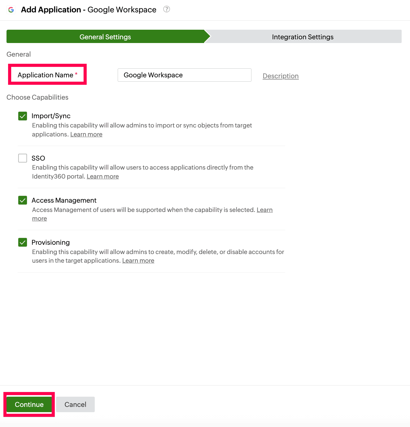 Identity360 application configuration general settings