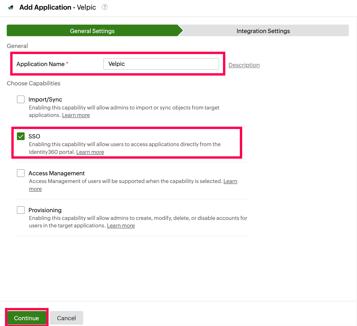 Identity360 application configuration general settings