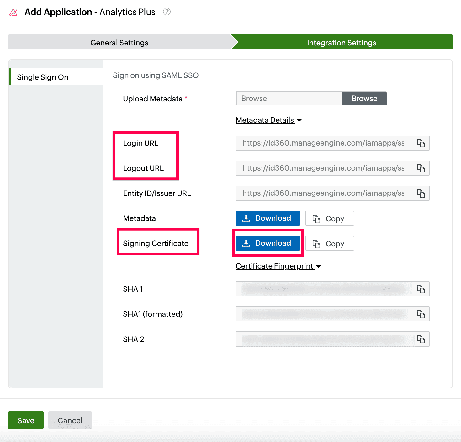 Identity360 application configuration integration settings