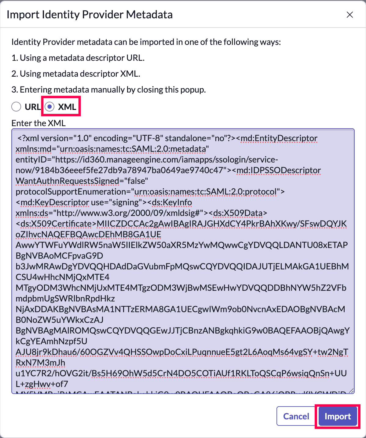 Import identity provider metadata in ServiceNow