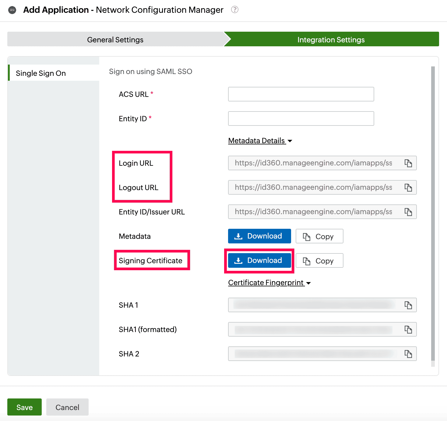 Identity360 application configuration integration settings