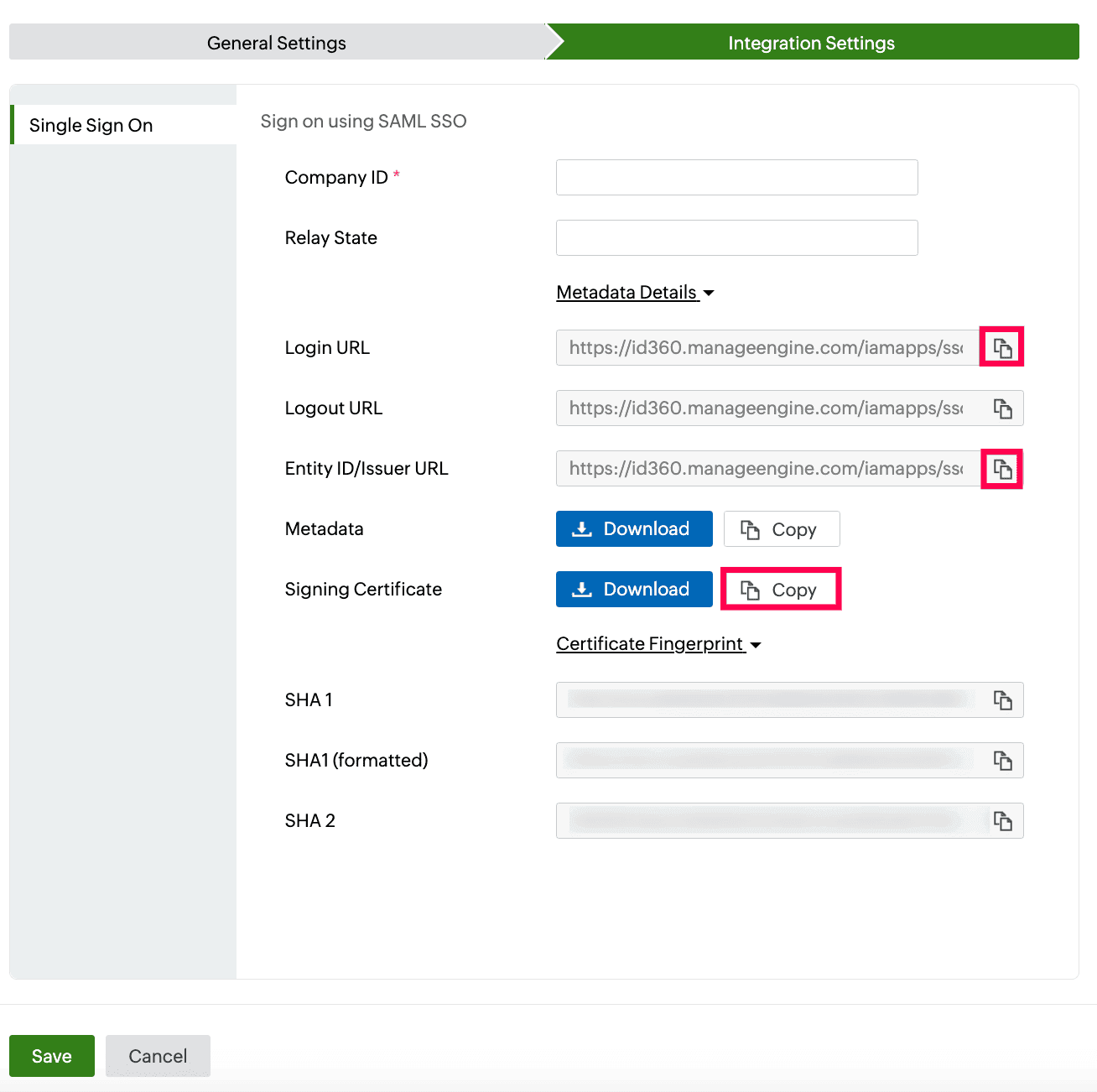 Identity360 application configuration Integration Settings