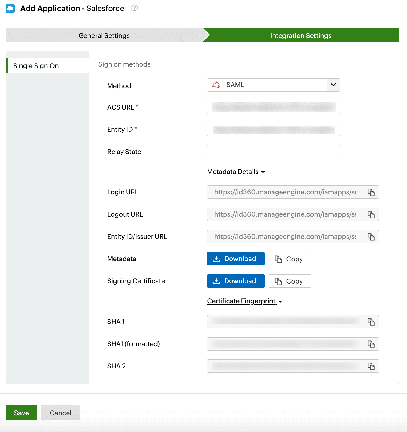 Identity360 application integration settings