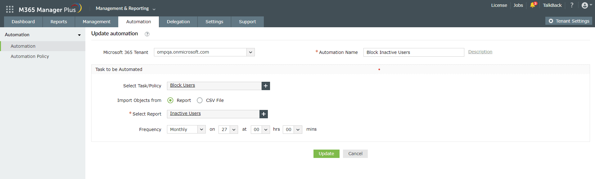 Configuring an automation on identifying and blocking inactive users with M365 Manager Plus