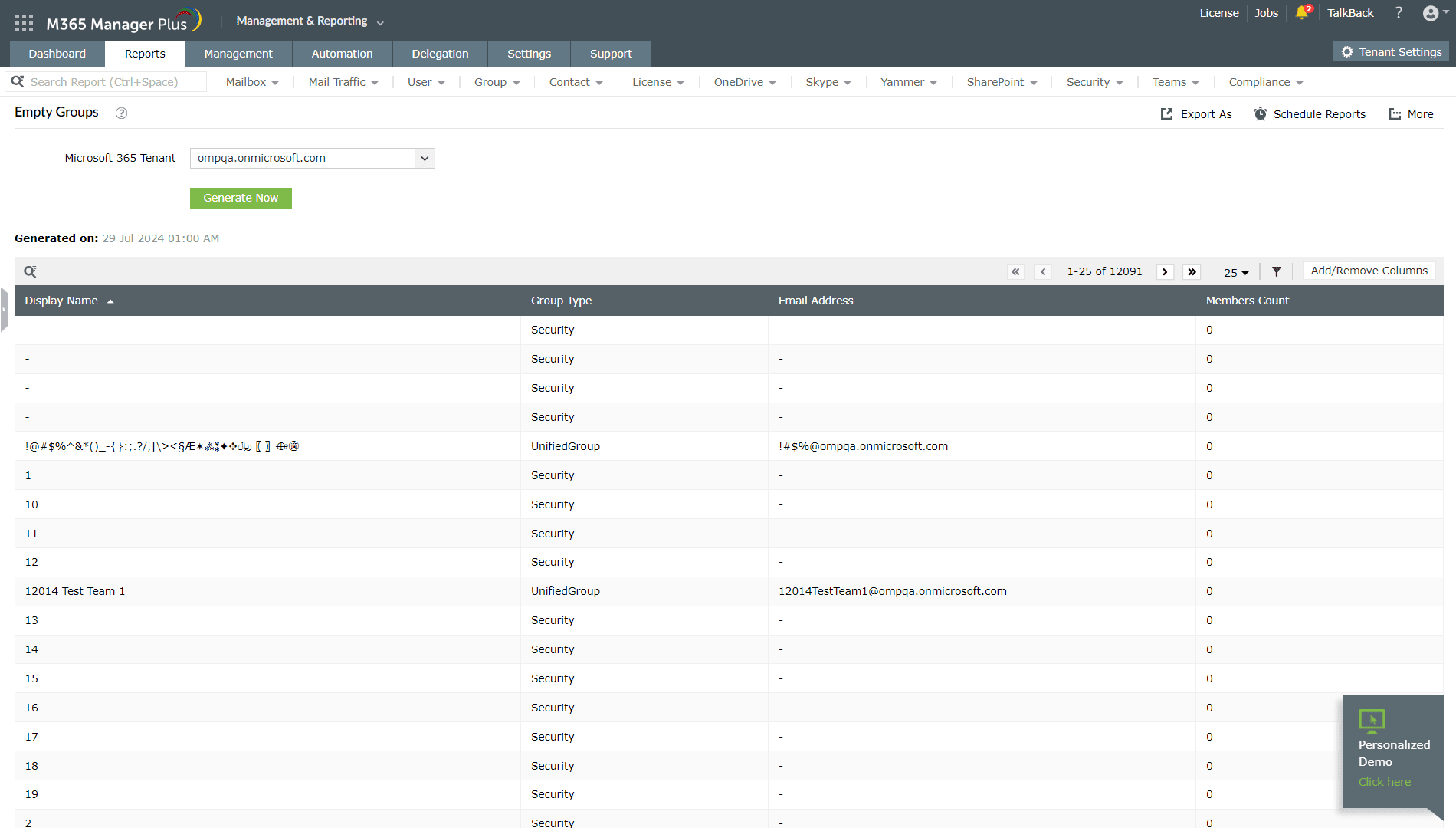A report on empty groups is generated using M365 Manager Plus.